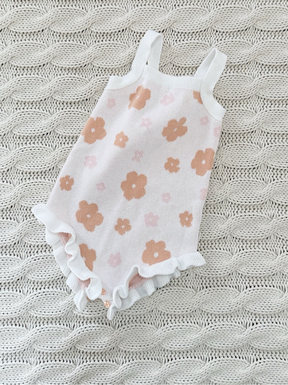 Snug Knit Baby Romper in White with Peach Floral